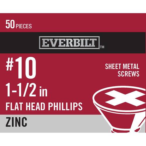 Sheet Metal Screw Phillips Flat Head Zinc Plated #10 x 1-1/2 in. (50-Pack)