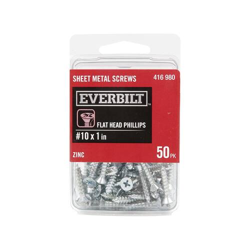 Sheet Metal Screws #10 1 in Flat Head Phillips Zinc Plated (50-Pack)