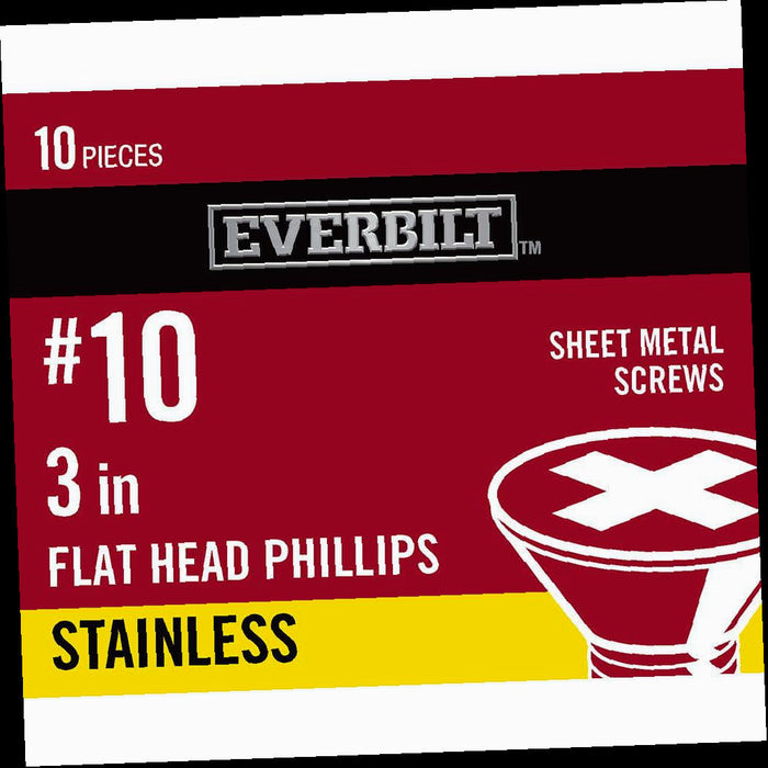 Sheet Metal Screw Stainless Steel Phillips Flat Head 10 x 3 in. 10-Pack