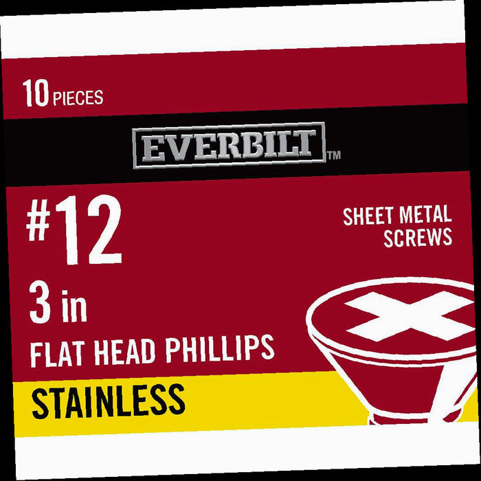 Sheet Metal Screw Stainless Steel Phillips Flat Head 12 x 3 in. (10-Pack)