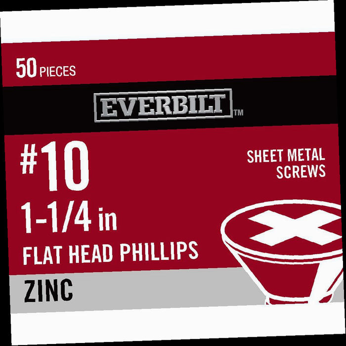 Sheet Metal Screw Zinc Plated Phillips Flat Head #10 x 1-1/4 in. (50-Pack)