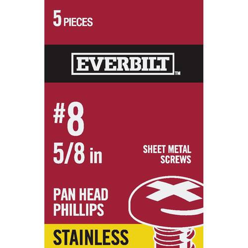 Sheet Metal Screw Stainless Steel Phillips Pan Head #8 x 5/8 in. (5-Pack)