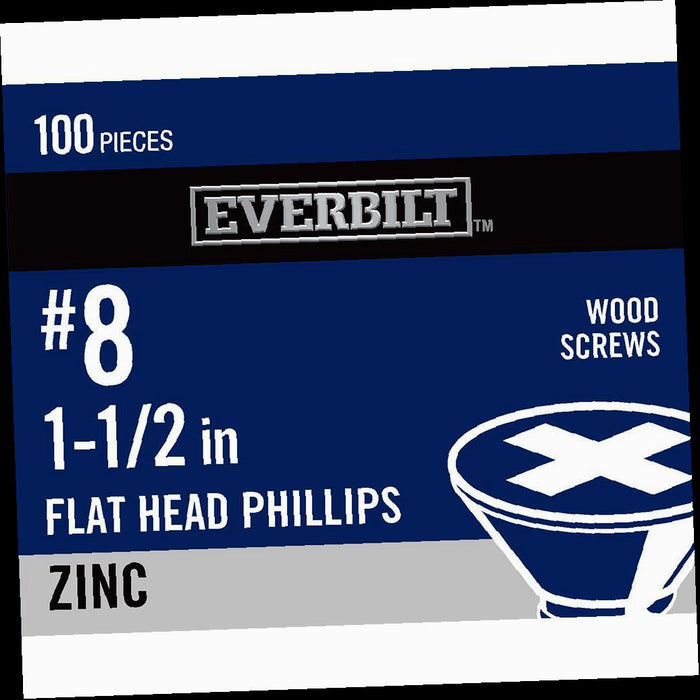 Screw #8 x x 1-1/2 in. Zinc Plated Phillips Head Wood Screw (100-Pack) Head Flat