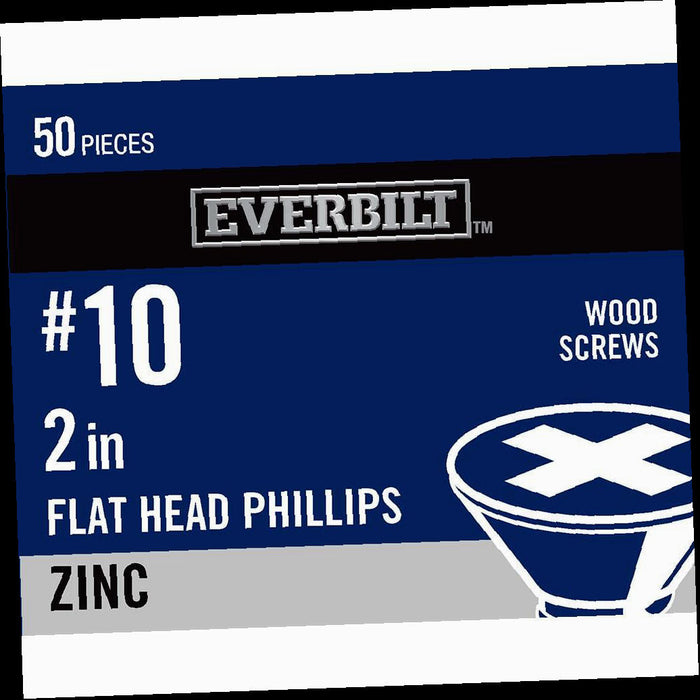 Screw #10 x x 2 in. Phillips Head Zinc Plated Wood Screw (50-Pack) Head Flat