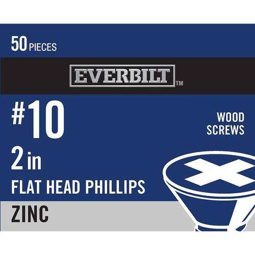 Wood Screw #10 x 2 in. Phillips Flat Head Zinc Plated 50-Pack