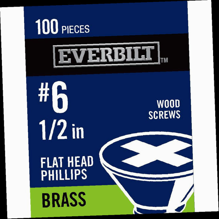 Screw #6 x x 1/2 in. Phillips Head Brass Wood Screw (100-Pack) Head Flat