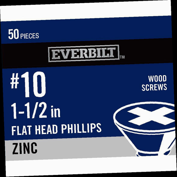 Screw #10 x x 1-1/2 in. Phillips Head Zinc Plated Wood Screw (50-Pack) Head Flat