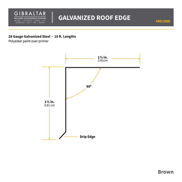 Drip Edge Flashing 1-1/2 in. x 1-1/2 in. x 10 ft. L-90 Galvanized Steel Brown 28-Gauge