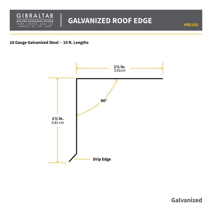 Drip Edge Flashing 1-1/2 in. x 1-1/2 in. x 10 ft. L-90 Galvanized Steel Metallic 28-Gauge