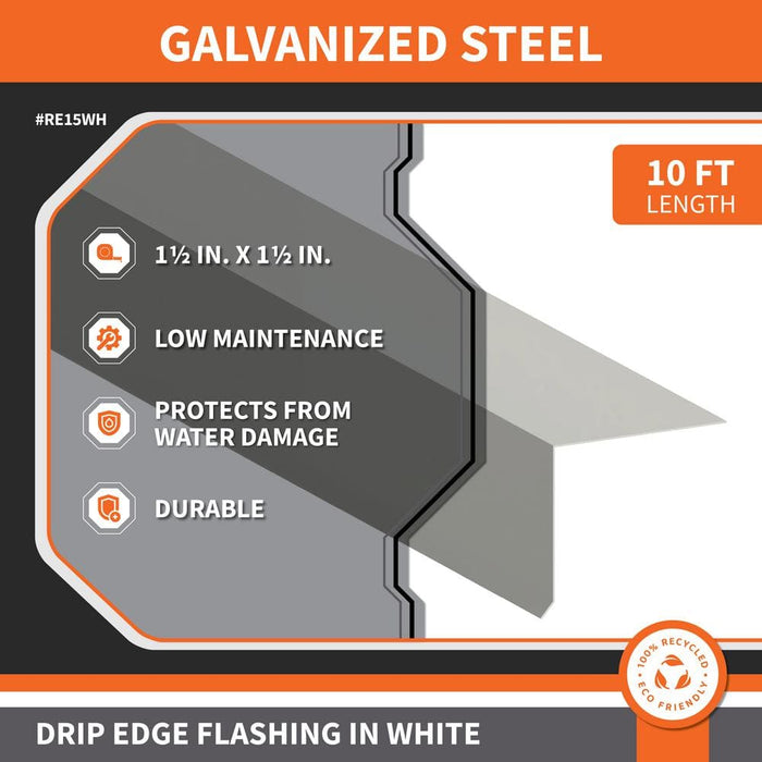 Drip Edge Flashing 1-1/2 in. x 1-1/2 in. x 10 ft. L-90 Galvanized Steel White 28-Gauge