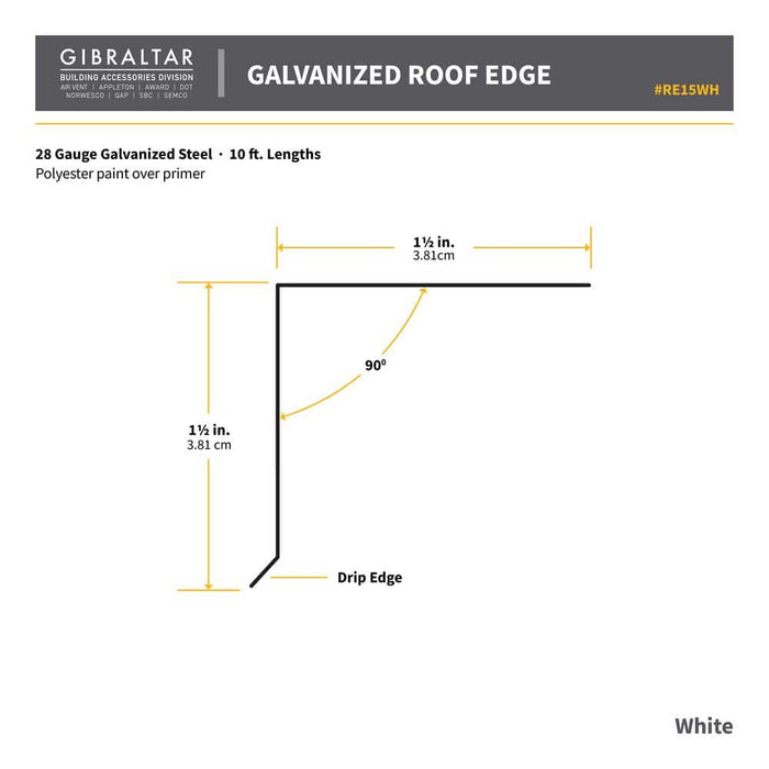 Drip Edge Flashing 1-1/2 in. x 1-1/2 in. x 10 ft. L-90 Galvanized Steel White 28-Gauge