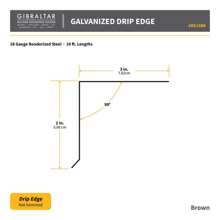 Drip Edge Flashing 2 in. x 3 in. x 10 ft. L-90 Galvanized Steel Brown 28-Gauge