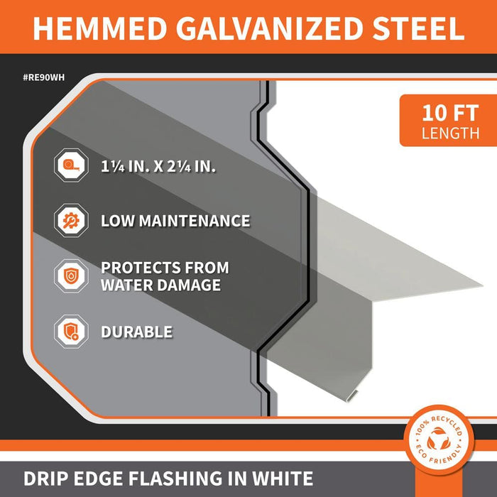 Drip Edge Flashing 1-1/4 in. x 2-1/4 in. x 10 ft. L-90 Hemmed Galvanized Steel White 28-Gauge