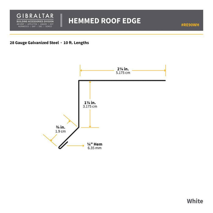 Drip Edge Flashing 1-1/4 in. x 2-1/4 in. x 10 ft. L-90 Hemmed Galvanized Steel White 28-Gauge