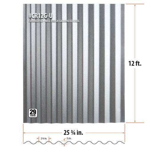 Roof Panel, Corrugated, Galvanized Steel, 29-Gauge, 12 ft.