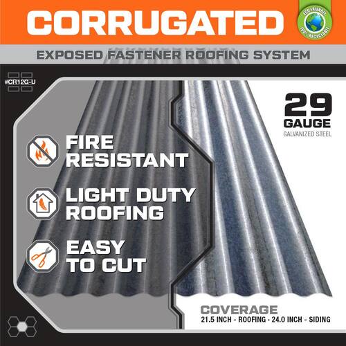 Roof Panel, Corrugated, Galvanized Steel, 29-Gauge, 12 ft.