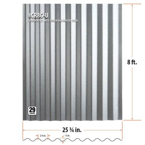 Roof Panel, Corrugated, Galvanized Steel, 29-Gauge, 8 ft.