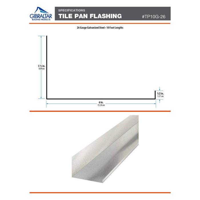 Rain Diverter 3-1/2 in. x 6 in. x 1/2 in. x 10 ft. Tile Pan Galvanized Steel Metallic 26-Gauge