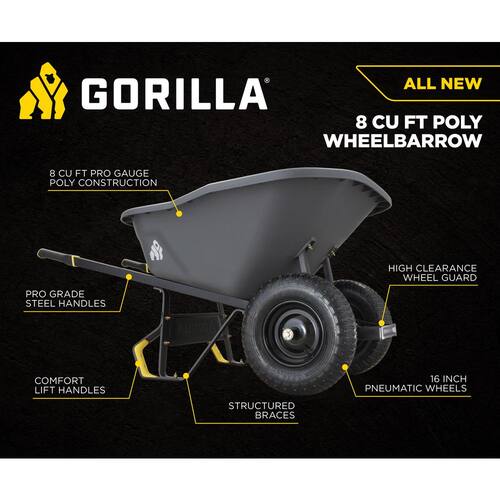 Wheelbarrow Dual-Wheel Pro-Grade Poly Bucket Steel Handles Dual 16 in. Pneumatic Wheels Easy-Dump Design 8 cu. ft.