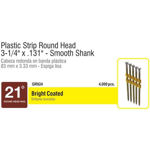 Framing Nails 3-1/4 in. x 0.131 in. 21° Angled Smooth Shank Plastic Collated Vinyl Coated Steel 4000 pcs