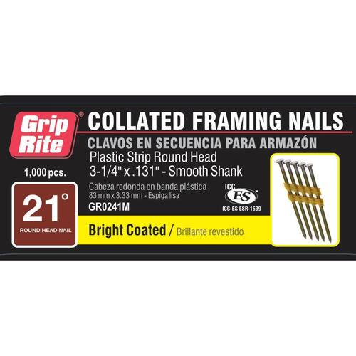 Framing Nails 3-1/4 in. x 0.131 in. 21-Degree Angled Round Head Smooth Shank Plastic Collated Vinyl Coated 1000 pcs