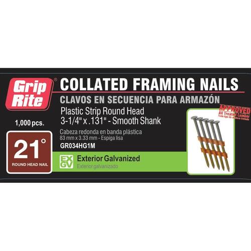 Framing Nails Plastic Collated Exterior Galvanized Smooth Shank 3-1/4 in. x 0.131 in. 21° Angled 1000 pcs