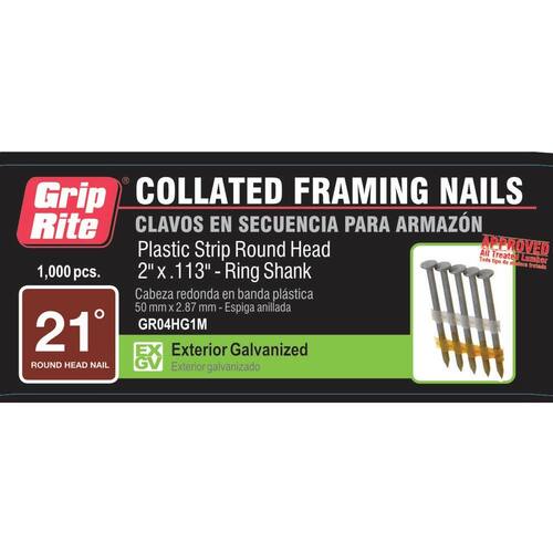 Framing Nails 2 in. x 0.113 in. 21° Angled Round Head Plastic Collated Exterior Galvanized Ring Shank 1000 pcs