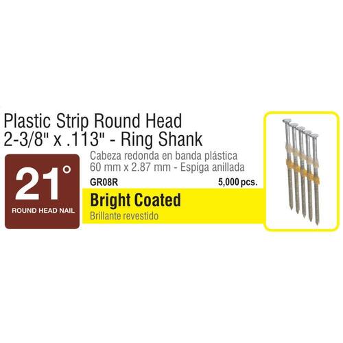 Round Head Nails 2-3/8 in. x 0.113 in. 21-Degree Angled Plastic Collated Vinyl Coated Ring Shank 5000 pcs