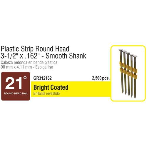 Framing Nails 3-1/2 in. x 0.162 in. 21° Angled Smooth Shank Round Head Plastic Collated Vinyl Coated 2500 pcs