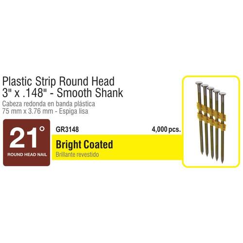 Framing Nails 21° Angled Round Head Vinyl Coated Smooth Shank Plastic Collated 3 in. x 0.148 in. 4000 pcs