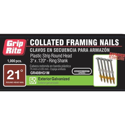 Framing Nails 3 in. x 0.120 in. Plastic Collated 21-Degree Angled Round Head Exterior Galvanized Ring Shank 1000 pcs