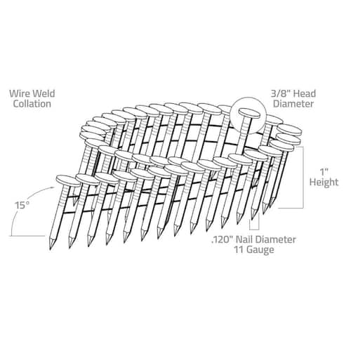 Roofing Nails 1 in. x 0.120 in. 15° Angled Wire Collated Electrogalvanized Smooth Shank Coil 7200 pcs