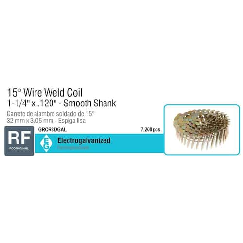 Roofing Nails 1-1/4 in. x 0.120-Gauge 15° Angled Smooth Shank Electrogalvanized Wire Collated 7200 pcs