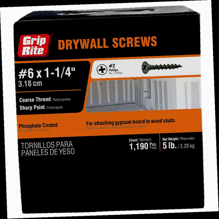 Drywall Screws, Philips Bugle-Head, Coarse Thread, Sharp, #6 x 1-1/4 in. (5 lb./pack)