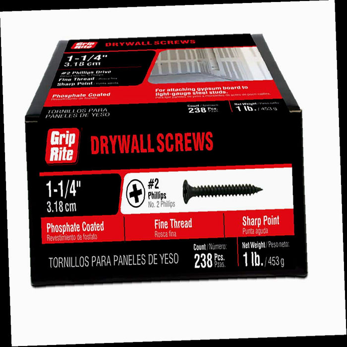 Drywall Screws, Philips Bugle-Head, Fine Thread, #6 x 1-1/4 in. (1 lb./Pack)