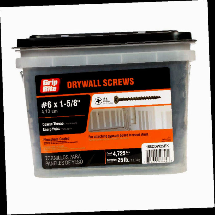 Drywall Screws, Philips Bugle-Head, Coarse Thread, Sharp Point, #6 x 1-5/8 in. (25 lbs./Pack)