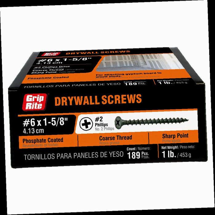Drywall Screw, Philips Bugle-Head, Coarse Thread, Sharp Point, #6 x 1-5/8 in. (1 lb./Pack)