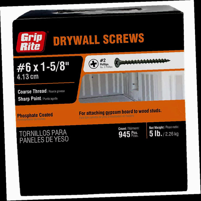 Drywall Screws, Philips Bugle-Head, Coarse Thread, Sharp Point, #6 x 1-5/8 in. (5 lbs./Pack)