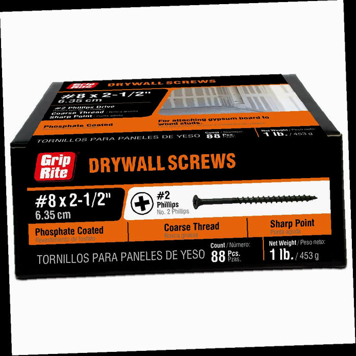 Drywall Screws, Philips Bugle-Head, Coarse Thread, Sharp Point, #8 x 2-1/2 in. (1 lb.-Pack)