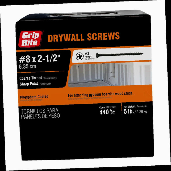 Drywall Screw, Philips Bugle-Head, Coarse Thread, Sharp Point, #8 x 2-1/2 in. (5 lb.-Pack)