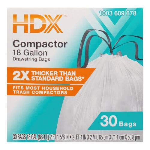 Kitchen and Compactor Drawstring Bags White 18 Gal. (30-Count)