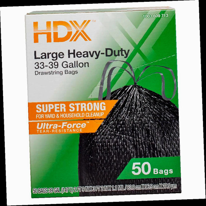 Trash Bags Heavy Duty Black Drawstring 33-39 Gal. For Outdoor and Yard Waste (50-Count)