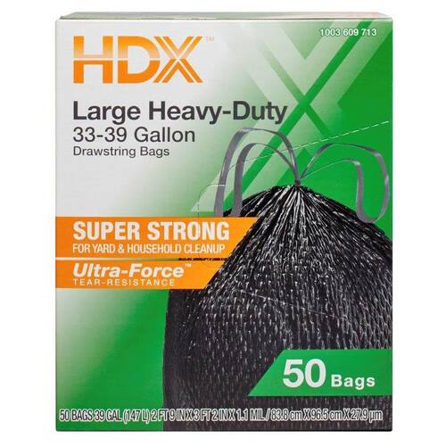 Trash Bags Heavy Duty Black Drawstring 33-39 Gal. For Outdoor and Yard Waste (50-Count)