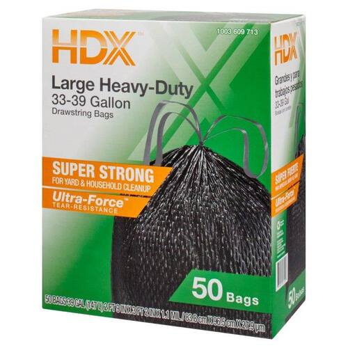 Trash Bags Heavy Duty Black Drawstring 33-39 Gal. For Outdoor and Yard Waste (50-Count)