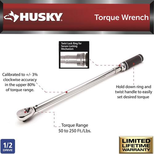 Torque Wrench, 50 ft./lbs. to 250 ft./lbs., 1/2 in. Drive