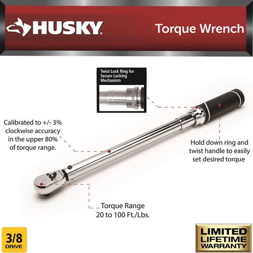 Torque Wrench, 20 ft./lbs. to 100 ft./lbs., 3/8 in. Drive