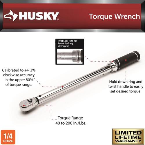 Torque Wrench, 40 in./lbs. to 200 in./lbs., 1/4 in. Drive