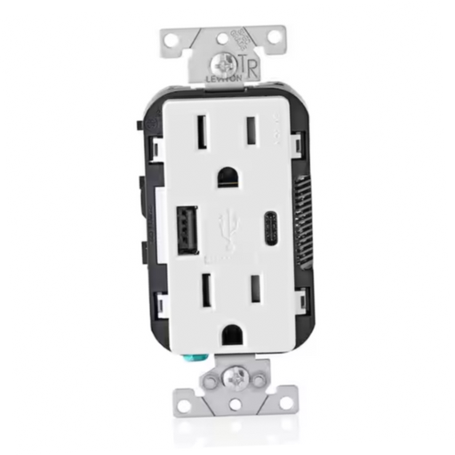 Duplex Outlet 15 Amp Decora Tamper-Resistant with Type A and C USB Charger, White (2-Pack)