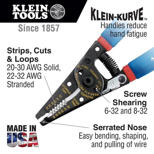 Wire Stripper/Cutter, 20-30 AWG Solid, 22-32 AWG Stranded, Klein-Kurve