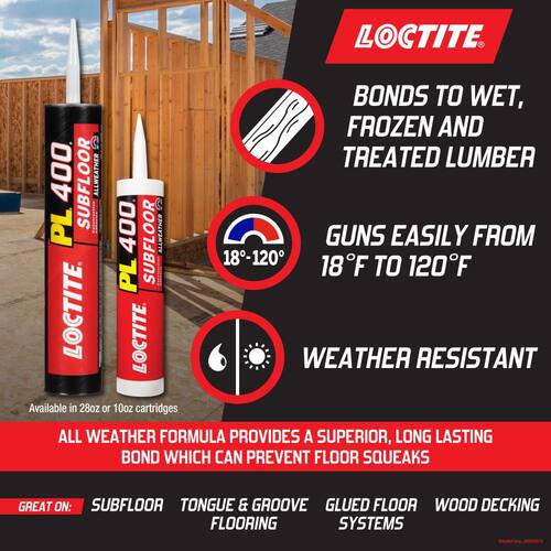 Construction Adhesive, PL 400 Subfloor, All Weather Latex, Tan, 28 oz. Cartridge (each)